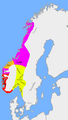 La divisione del regno operata da re Harald I attorno al 930 D.C.. Le aree in giallo sono i piccoli regni, il viola è il dominio dei conti di Lade, la parte in arancione è il territorio dei conti di Møre.