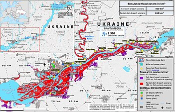 Situation des inondations à la suite de la destruction du barrage de Nova Kakhovka et estimation des surfaces susceptibles d’être inondées.