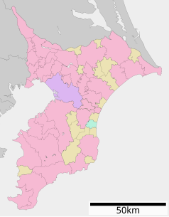 Mapa konturowa Chiby, u góry po lewej znajduje się punkt z opisem „Matsudo”