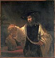 Aristoteles prakkesearjend by in boarstbyld fan Homerus (1653), Rembrandt van Rijn