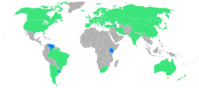 Carte du monde des nations participant aux Jeux indiquées en vert et en bleu.