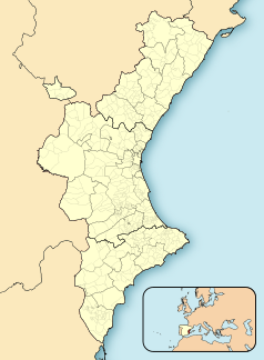 Mapa konturowa Wspólnoty Walencji, u góry nieco na prawo znajduje się punkt z opisem „Estadio de la Cerámica”