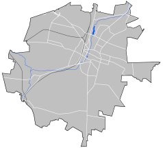 Mapa konturowa Kielc, blisko centrum u góry znajduje się punkt z opisem „Stacja Linii Radiowych Kielce Targowa”