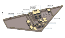 Diagram of terrorist Osama Bin Laden's compound. Contains one large three-story building and several smaller outbuildings. There are large yards on the right and left. Everything is surrounded by a high concrete wall. There are internal walls separating some courtyards for defensive purposes.