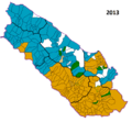 Etnički sastav Kantona 10 iz 2013. (Srbi - plavo, Hrvati - narandžasto, Bošnjaci - zeleno)