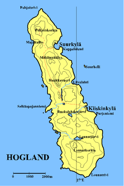 Karta över Hogland. Höjdkurvorna visar topografin med 30 meters mellanrum.