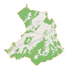 Mapa konturowa gminy Stryszawa, na dole znajduje się punkt z opisem „Studencki Schron Turystyczny „Pod Solniskiem””