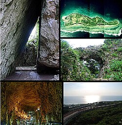 Clockwise from top left: Utaki Purified, Kudaka Island, site of Tamagusuku Castle, Nirai-kanai Bridge, Gyokusen Cave