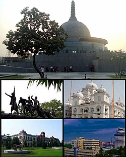 Clockwise from top: Buddha Smriti Park, Takht Sri Patna Sahib, Skyline near Biscomaun Bhawan, Patna Museum, Martyr's Memorial Patna