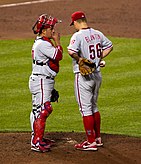 Carlos Ruiz visit Joe Blanton on the mound