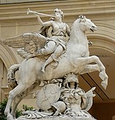 Kraljeva slava jaha Pegaza; avtor Antoine Coysevox; 1701–1702; Carrarski marmor; višina: 3,15 m, širina: 2,91 m, debelina: 1,28 m; Louvre