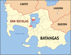 Mapa ng Batangas na nagpapakita sa lokasyon ng San Nicolas.