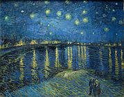 The top of the painting is a dark blue night sky with many bright stars shining brightly surrounded by white halos. Along the distant horizon are houses and buildings with lights that are shining so brightly that they are casting yellow reflections on the dark blue river below. The bottom half shows the Rhone river with reflected lights showing throughout the river. In the foreground we can see a shallow wave.