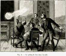 Gravure montrant quatre hommes attablés et surpris par l'irruption d'une boule de feu dans la pièce, par la fenêtre ouverte.