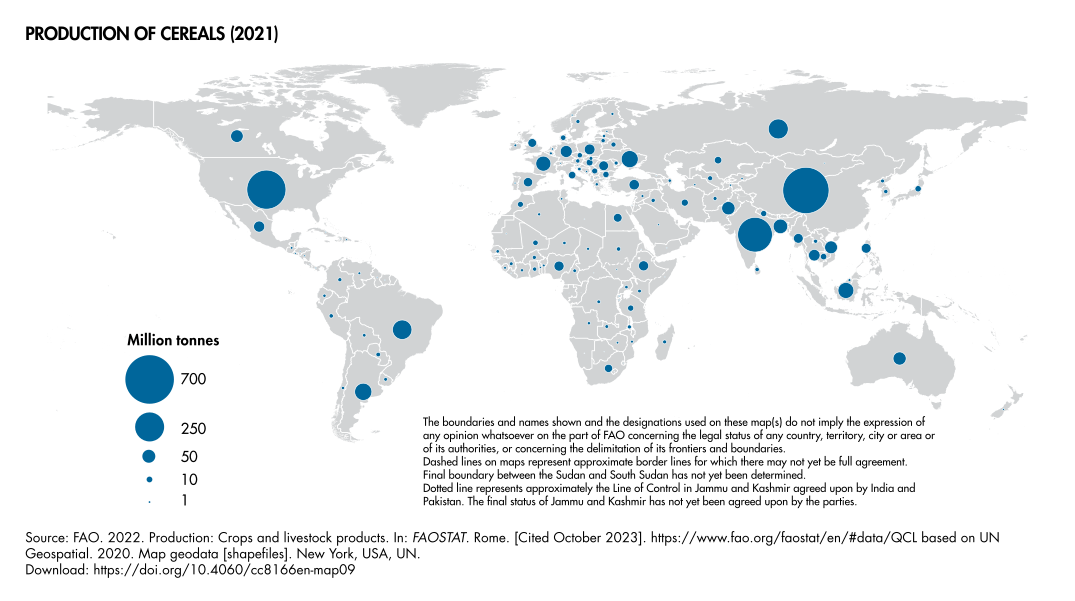 Production of cereals worldwide, by country in 2021