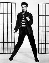 A black and white photograph of Elvis Presley standing between two sets of bars