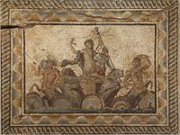 Epiphany of Dionysus mosaic, from the Villa of Dionysus (2nd century AD) in Dion, Greece. Now in the Archeological Museum of Dion.