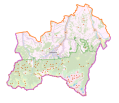 Mapa konturowa powiatu tatrzańskiego, w centrum znajduje się punkt z opisem „Kościół św. Jana Apostoła i Ewangelisty na Harendzie”