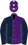 Purple and dark blue halved, dark blue sleeves, purple cap, white stars