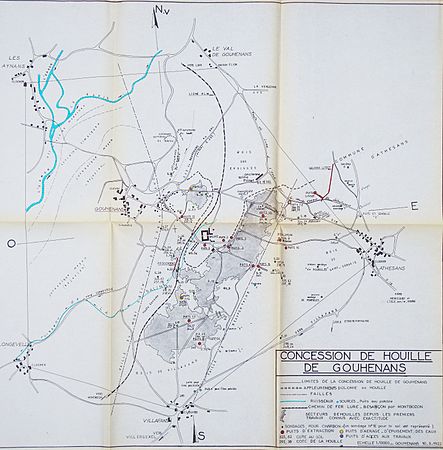 Détail de la concession de Gouhenans avec les différents puits et les zones exploitées.