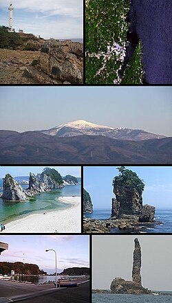 Top left: Cape Todo and lighthouse, Top right: Miyako Bay from satellite, 2nd row: Mount Hayachine, lower left: Jyodo Beach, lower right: Sano Rock, Bottom left: Tago Port, Bottom right: Rosoku (Candle)