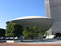 The Egg, a performing arts center located in the Empire State Plaza, is an Albany landmark. The Erastus Corning Tower is visible on the right.