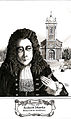 This small church is not far from the Open University in Milton Keynes. It is the only surviving church designed entirely by Robert Hooke (circa 1680) for his old Westminster School headmaster, Dr. Richard Busby. It was built on Busby's estate for a parish of 45 people. Rita Greer produced this black and white pen and wash portrait of Robert Hooke in 2009. It shows the church in the background. It was presented to the church in April 2009 at a service of thanksgiving to celebrate a new roof and renovations.