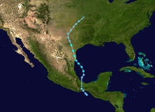 Track of Tropical Depression Eleven-E, later Tropical Storm Hermine, stretching from the Gulf of Tehuantepec northward to the Midwestern United States