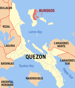 Mapa ng Quezon na nagpapakita sa lokasyon Burdeos.