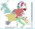 Kartogrammi, joka esittää Euroopan maiden puolustusbudjettien suuruudet (2004) alueiden pinta-alojen avulla.