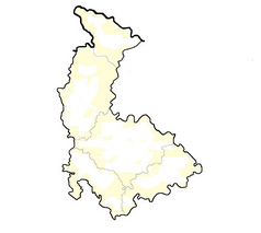 Mapa konturowa kraju ołomunieckiego, blisko centrum na lewo znajduje się punkt z opisem „Loštice”