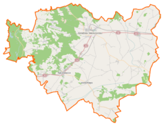 Mapa konturowa powiatu grodziskiego, po prawej znajduje się punkt z opisem „Karczewo”