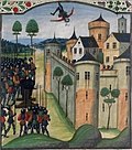 French army besieging the castle of Auberoche, catapulting an English messenger over the walls