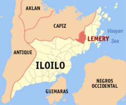 Mapa ng Iloilo na nagpapakita sa lokasyon ng Lemery.