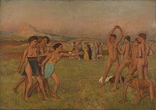 A painting of semi-nude youth playing and stretching in a field