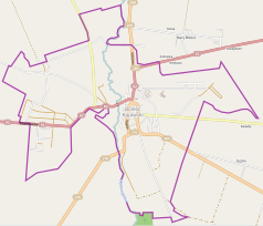 Mapa konturowa Brześcia Kujawskiego, u góry znajduje się punkt z opisem „Kujawska Fabryka Maszyn Rolniczych „Krukowiak””