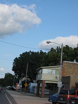 Downtown Silver Lake seen from U.S. Route 24. In the background, the Public Library and Police Department