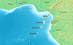 Carte de la partie méridionale de la ligne du Cameroun représentée par Annobón, São Tomé, Principe, Bioko ainsi que les massifs montagneux frontaliers entre le Nigeria et le Cameroun.