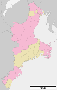 Mapa konturowa prefektury Mie, w centrum znajduje się punkt z opisem „Matsusaka”