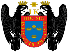 Escudo de armas de Lima con los símbolos de los descendientes de los reyes católicos, Juana y Carlos, iniciales I y K, y dos águilas de San Juan.