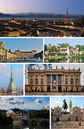 No sentido horário a partir do topo: Panorama do centro de Turim com os Alpes, Borgo Medioevale, Palazzo Madama, Piazza San Carlo, Gran Madre e Monte dei Cappuccini no rio Po, Mole Antonelliana, Palácio Real.