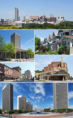 none Clockwise from top: Albany skyline from Rensselaer; middle-class housing in the Helderberg neighborhood; Palace Theatre; Empire State Plaza from the Cultural Education Center; North Pearl Street at Columbia Street; and the State Quad at SUNY Albany.