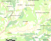 Carte élémentaire montrant les limites de la commune, les communes voisines, les zones de végétation et les routes