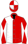 Red and white (halved), diabolo on sleeves, quartered cap