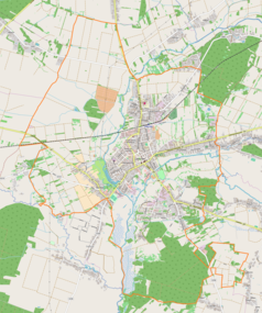 Mapa konturowa Lubaczowa, w centrum znajduje się punkt z opisem „Konkatedra bł. Jakuba Strzemięw Lubaczowie”