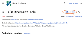 A screenshot showing the talk page's existing "Add topic" button styled in a more noticeable way and placed in a more prominent location at the top of talk pages.