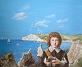 'The Fossil Hunter'. Robert Hooke as a ten year old on the Isle of Wight where his father was a curate. Hooke is shown where he was born and brought up, at Freshwater Bay. Oil on board by Rita Greer 2005.