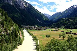 View of Innertkirchen from the river Aare