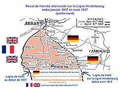 Situation de Bapaume après le retrait allemand sur la Ligne Hindenburg en avril 1917.