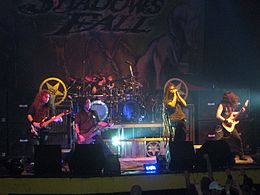 Shadows Fall performing in 2007. From left to right: Matt Bachand, Paul Romanko, Jason Bittner, Brian Fair, and Jonathan Donais.